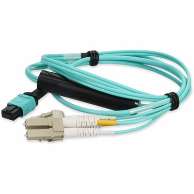 AddOn 1m MPO/UPC to 2xLC Duplex (4xLC)/UPC Aqua OM4 OFNR (Riser-Rated) 4-Strand Fiber Fanout Cable
