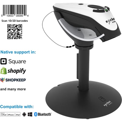 Socket Mobile DuraScan D740, Universal Barcode Scanner, White & Charging Stand