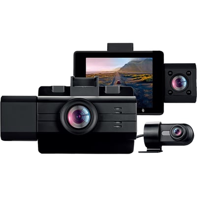 myGEKOgear by Adesso Scout Pro 2K 3-Channel Dash Cam Surveillance Edition with Front View, Cabin View, Rear View, APP for Instant Video Access, Wide Angle View, 32GB SD Card Included, G-Sensor, ODB2 Cable for Toolless 24/7 Surveil