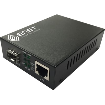 ENET 1x 10/100/1000M Copper RJ45 to 1x 1000Base-X SFP Gigabit Ethernet Fiber Media Converter Stand-Alone - Power Supply Included, Chassis/Rack Mountable with one SFP slot (without SFP). The ENMC-FGET-SFP is capable of accepting a