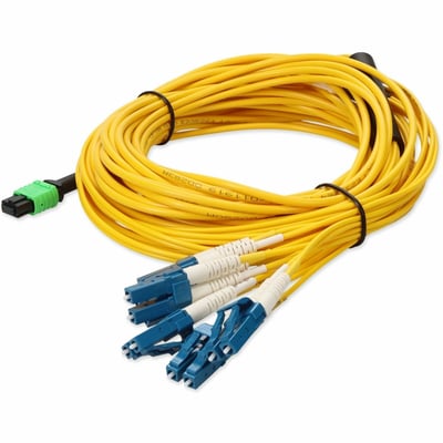 AddOn 5m MPO (Female) to 6xLC (Male) 12-Strand Yellow OS2 Duplex OFNR (Riser-Rated) Fiber Fanout Cable