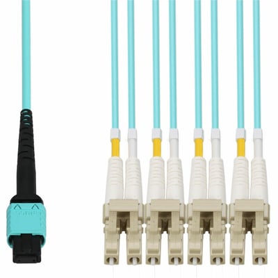 AddOn 9m MPO/UPC to 4xLC/UPC Duplex Aqua OM4 OFNP (Plenum-Rated) 8-Strand Fiber Fanout Cable
