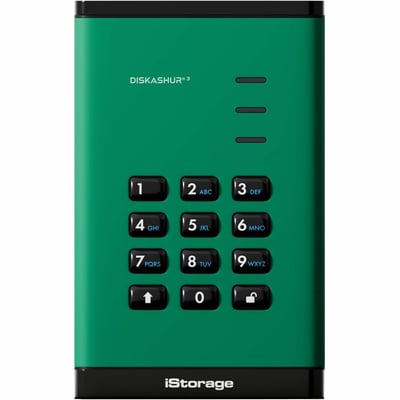 iStorage diskAshur3 2 TB Portable Hard Drive | Green | Incorporated Common Criteria EAL 5+ | PIN protected | AES 256-bit Full Disk Hardware Encryption | Dust/Water Resistant | TAA Compliant