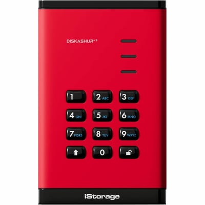iStorage diskAshur3 5 TB Portable Hard Drive | Red | Incorporated Common Criteria EAL 5+ | PIN protected | AES 256-bit Full Disk Hardware Encryption | Dust/Water Resistant | TAA Compliant