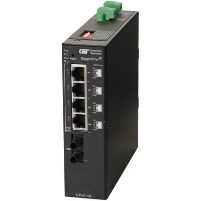Omnitron Systems RuggedNet Unmanaged Industrial Gigabit PoE+, SM ST, RJ-45, Ethernet Fiber Switch