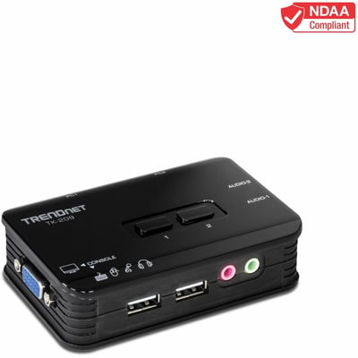 TRENDnet 2-Port USB KVM Switch and Cable Kit with Audio, Manage Two PCs, USB 1.1, Hot-Plug, Auto-Scan, Hot-Keys, Windows & Linux Compliant, TK-209K