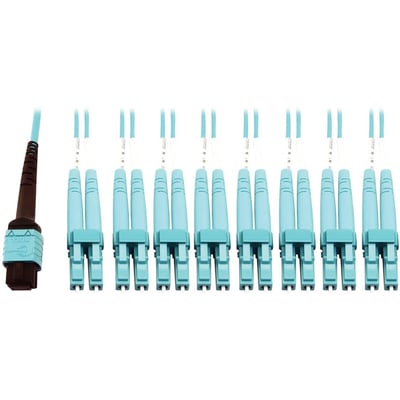 Eaton Tripp Lite Series 400G Multimode 50/125 OM4 Plenum Fiber Optic Breakout Cable, 24F MTP/MPO-PC to (x4) LC Duplex (F/M), Aqua, 3 m