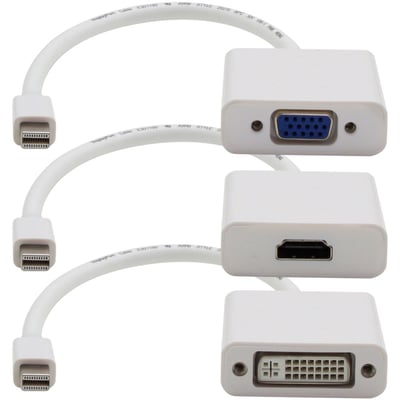3PK Mini-DisplayPort 1.1 Male to DVI, HDMI, VGA Female White Adapters Which Comes in a Bundle For Resolution Up to 1920x1200 (WUXGA)
