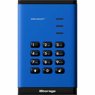 iStorage diskAshur3 2 TB Portable Hard Drive | Blue | Incorporated Common Criteria EAL 5+ | PIN protected | AES 256-bit Full Disk Hardware Encryption | Dust/Water Resistant | TAA Compliant