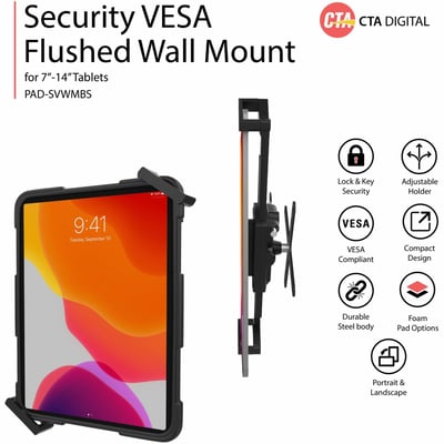 CTA Digital Security VESA Flushed Wall Mount for 7-14-Inch Tablets (Black)