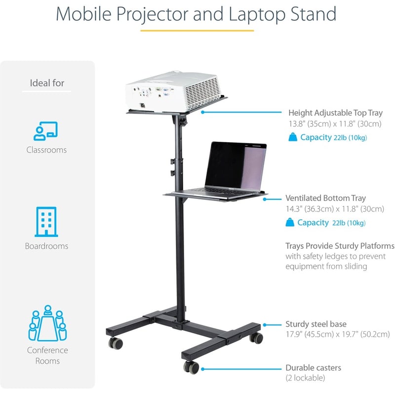 StarTech.com Mobile Projector and Laptop Stand/Cart, Heavy Duty Portable Projector Stand/Presentation Cart (22lb/shelf), Height Adjustable - Thumbnail 5