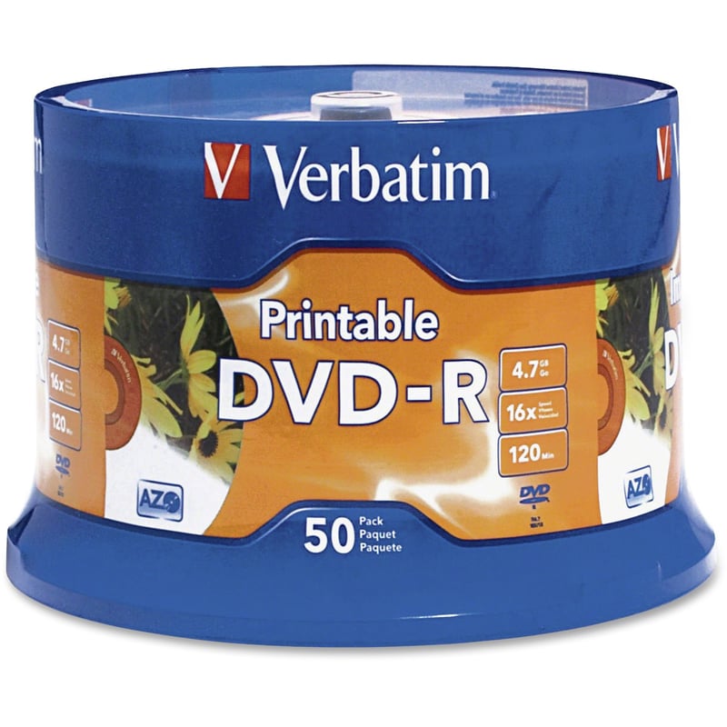 Verbatim DVD-R 4.7GB 16X White Inkjet Printable with Branded Hub - 50pk Spindle - Thumbnail 1