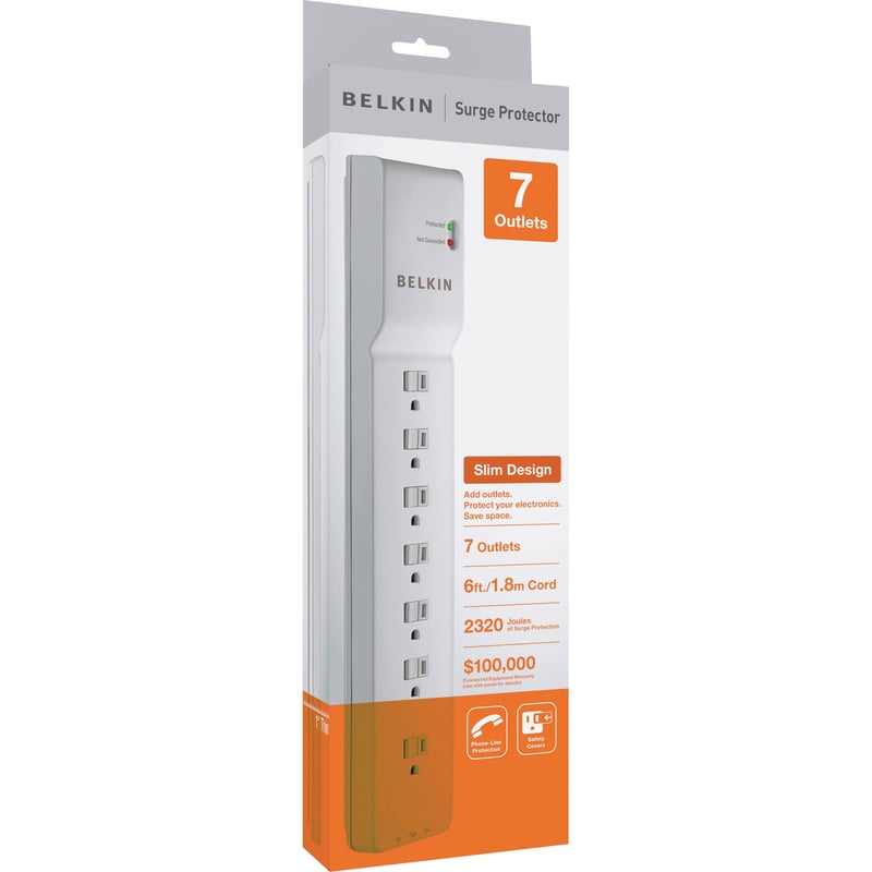 Belkin 7 Outlet Power Strip Surge Protector with 6ft Power Cord - 2320 Joules - White - Thumbnail 1