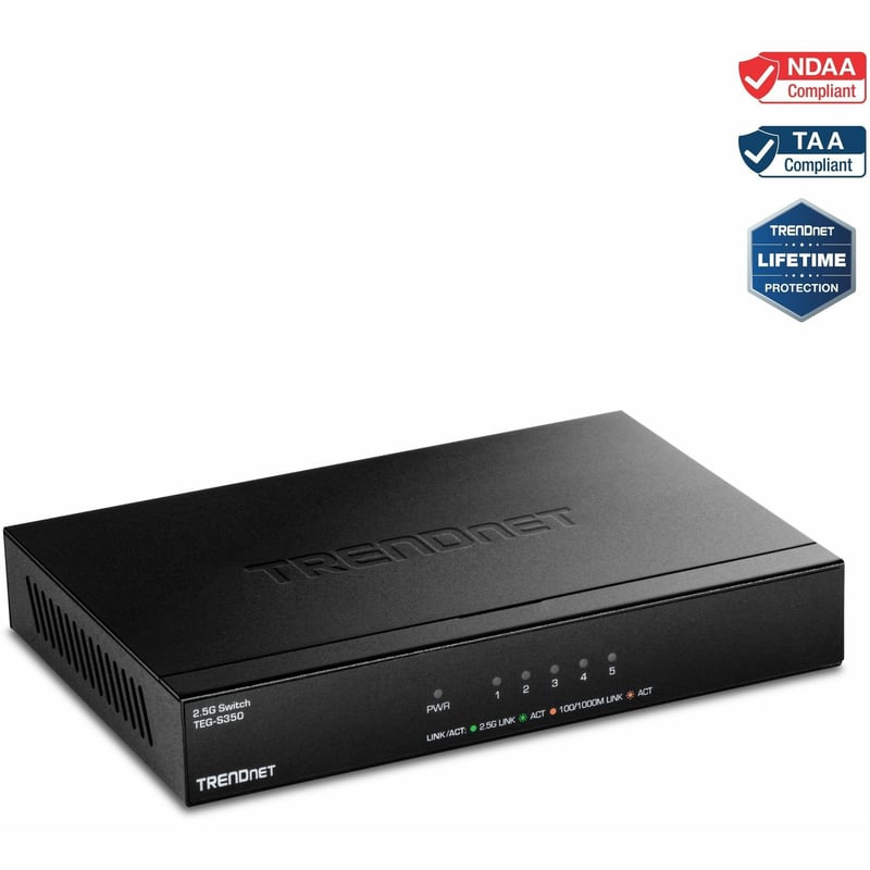 TRENDnet 5-Port Unmanaged 2.5G Switch, 5 x 2.5GBASE-T Ports, TEG-S350, 25Gbps Switching Capacity, Fanless, Wall Mountable, Black - Thumbnail 1