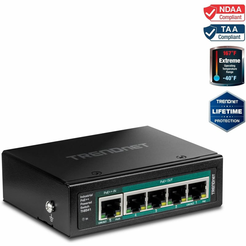TRENDnet TI-B541, 5-Port Industrial Gigabit PoE++ Powered DIN-Rail Switch with PoE Pass-Through, Lifetime Protection, Black - Thumbnail 1
