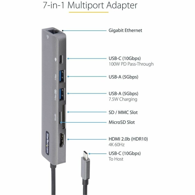 StarTech.com USB C Multiport Adapter, USB-C to 4K 60Hz HDMI 2.0, 100W PD Pass-through, SD, USB, GbE, USB Type-C Mini Dock, 12" Long Cable - Thumbnail 3