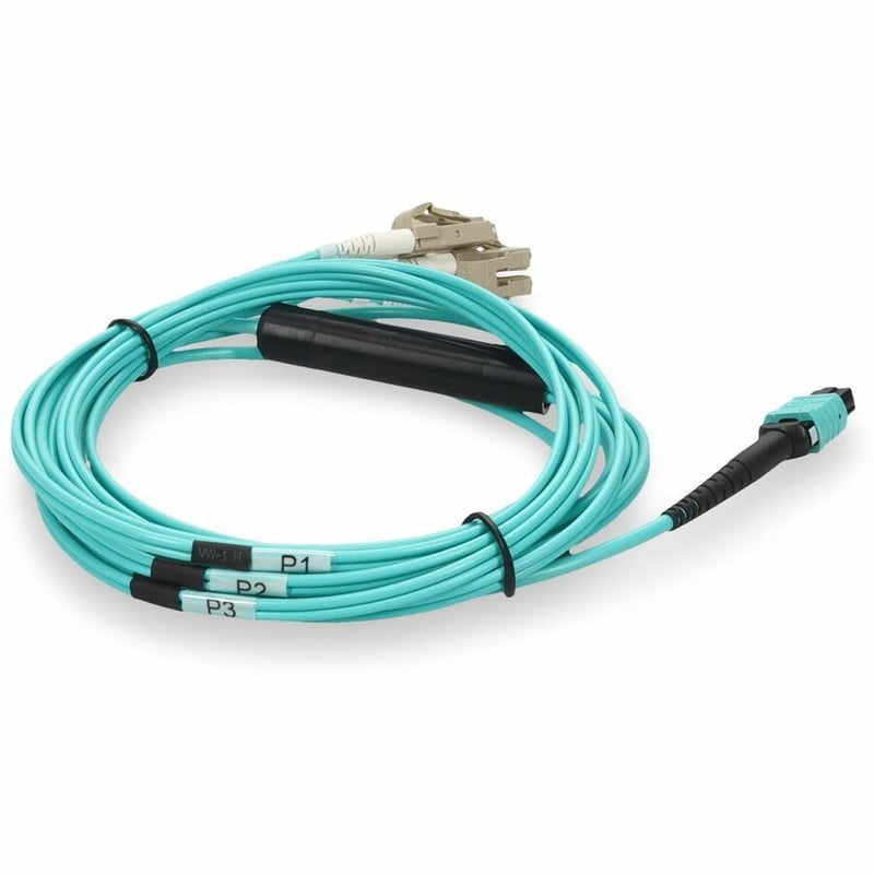 AddOn 10m MPO/UPC to 4xLC/UPC Duplex Aqua OM4 OFNR (Riser-Rated) 8-Strand Fiber Fanout Cable with 5m Breakout Legs - Thumbnail 5