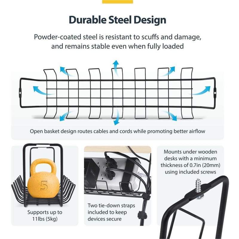 UNDER DESK CABLE MANAGEMENT - BASKET STYLE CABLE ORGANIZER TRAY - Thumbnail 4