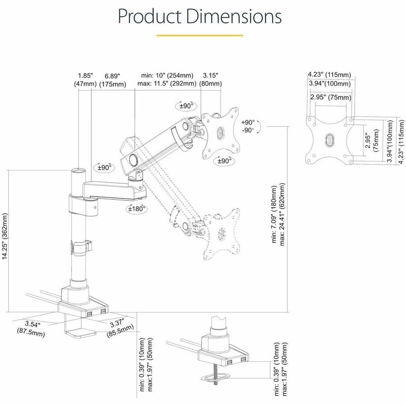 StarTech.com Desk Mount Monitor Arm with 2x USB 3.0 ports, Full Motion Monitor Mount up to 34" (17.6lb/8kg) VESA Display, C-Clamp/Grommet