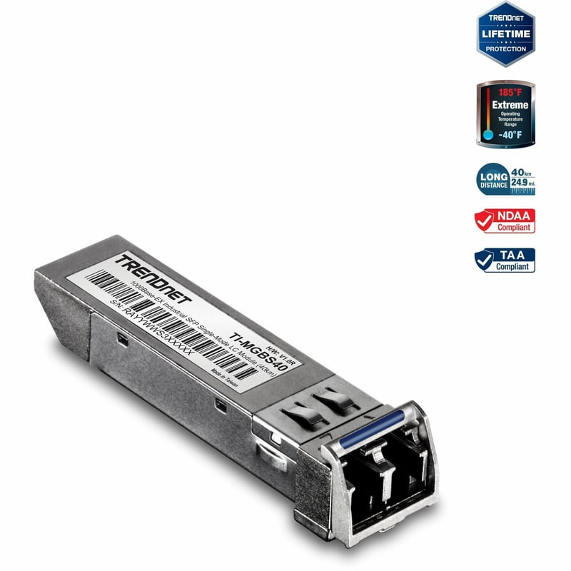 TRENDnet SFP to RJ45 Industrial Single-Mode LC Module; TI-MGBS40; Up to 2 km (1.2 miles); 1000Base-EX Industrial SFP; IEEE 802.3z Gigabit Ethernet; Data Rates of up to 1.25Gbps; Lifetime Protection - Thumbnail 1