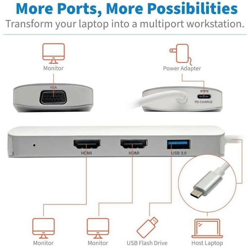 Tripp Lite by Eaton USB C Docking Station w/USB Hub, 2x HDMI, VGA, PD Charging 1080p, USB Type C, USB-C, USB Type-C - Thumbnail 4