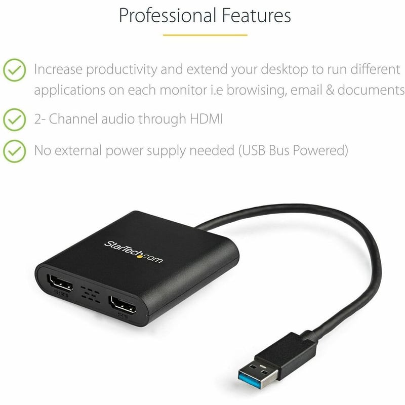 StarTech.com USB 3.0 to Dual HDMI Adapter, 1x 4K & 1x 1080p, External Graphics Card, USB Type-A Dual Monitor Display Adapter, Windows Only - Thumbnail 3