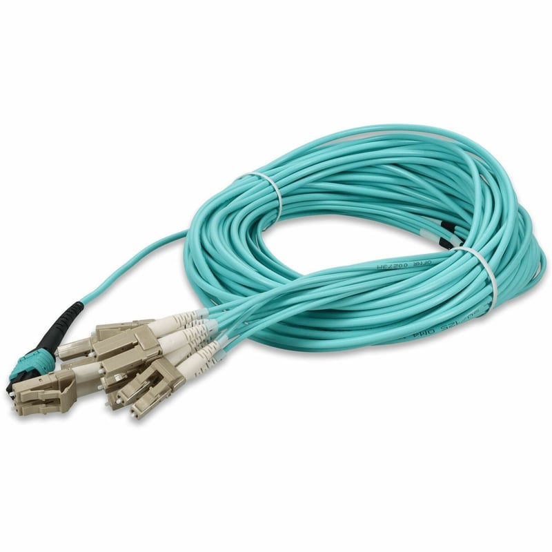 AddOn 30m MPO/UPC to 6xLC/UPC Duplex Aqua OM3 OFNR (Riser-Rated) 12-Strand Fiber Fanout Cable - Thumbnail 1