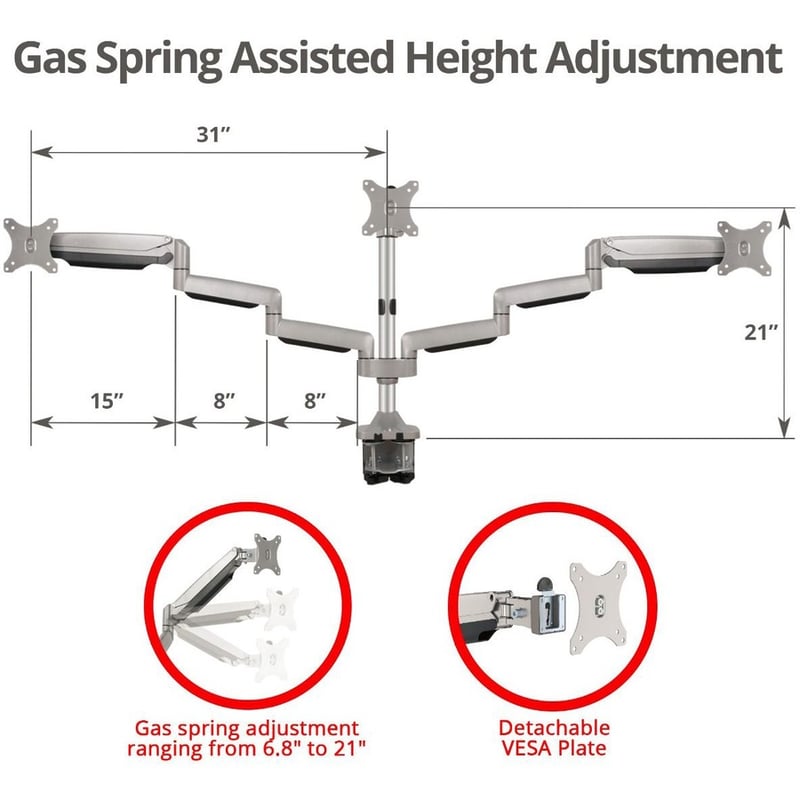 SIIG Triple Monitor Aluminum Gas Spring Desk Mount - Thumbnail 2