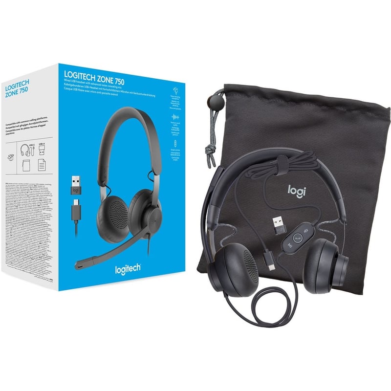 Logitech Zone 750 Wired On-Ear Headset with advanced noise-canceling microphone, simple USB-C and included USB-A adapter, plug-and-play compatibility for all devices - Thumbnail 3
