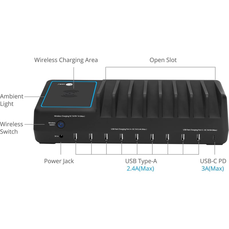SIIG 10-Port USB-A/C & Wireless Charging Station With Ambient Light Deck - Thumbnail 5