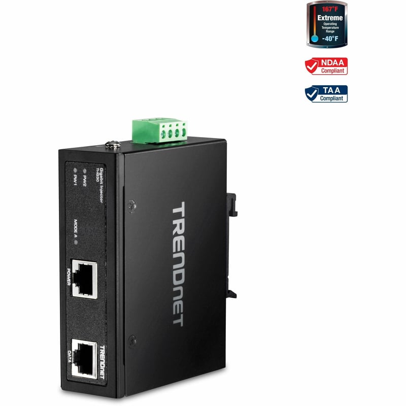 TRENDnet Hardened Industrial Gigabit PoE+ Injector, DIN-Rail, Wall Mount, IP30 Rated Housing, DIN-rail & Wall Mounts Included, TI-IG30 - Thumbnail 1