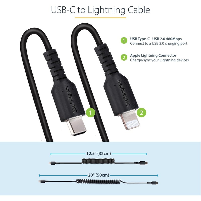 StarTech.com 50cm / 20in USB C to Lightning Cable, MFi Certified, Coiled iPhone Charger Cable, Black, TPE Jacket Aramid Fiber - Thumbnail 4