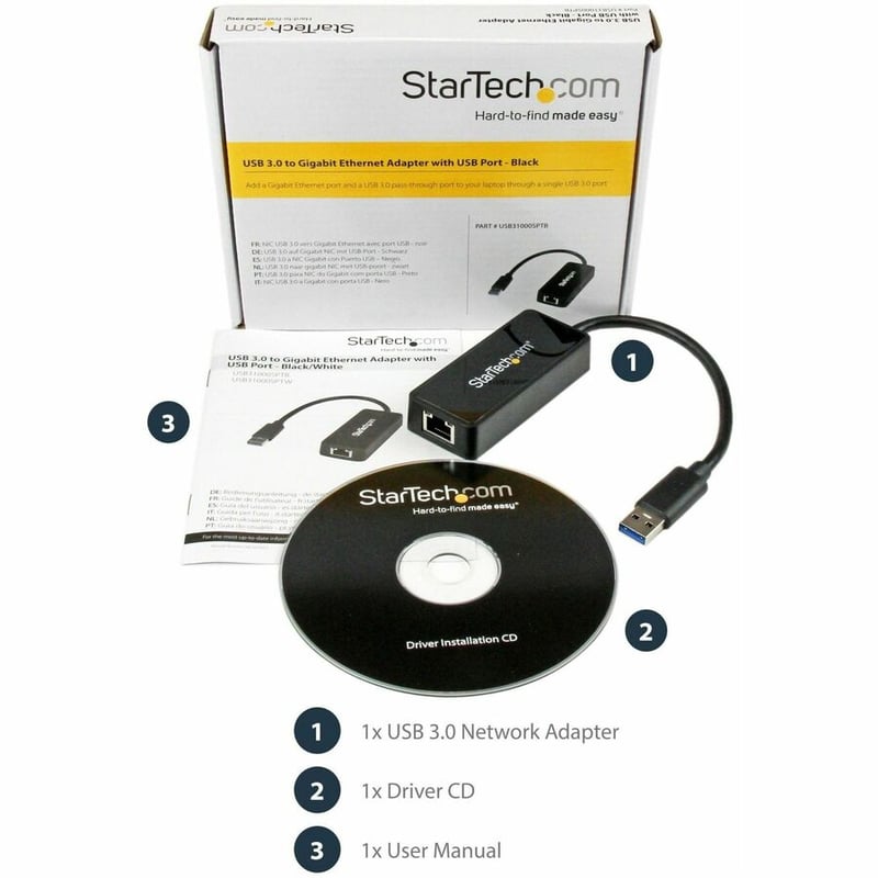 StarTech.com USB 3.0 to Gigabit Ethernet Adapter NIC w/ USB Port - Black - Thumbnail 2