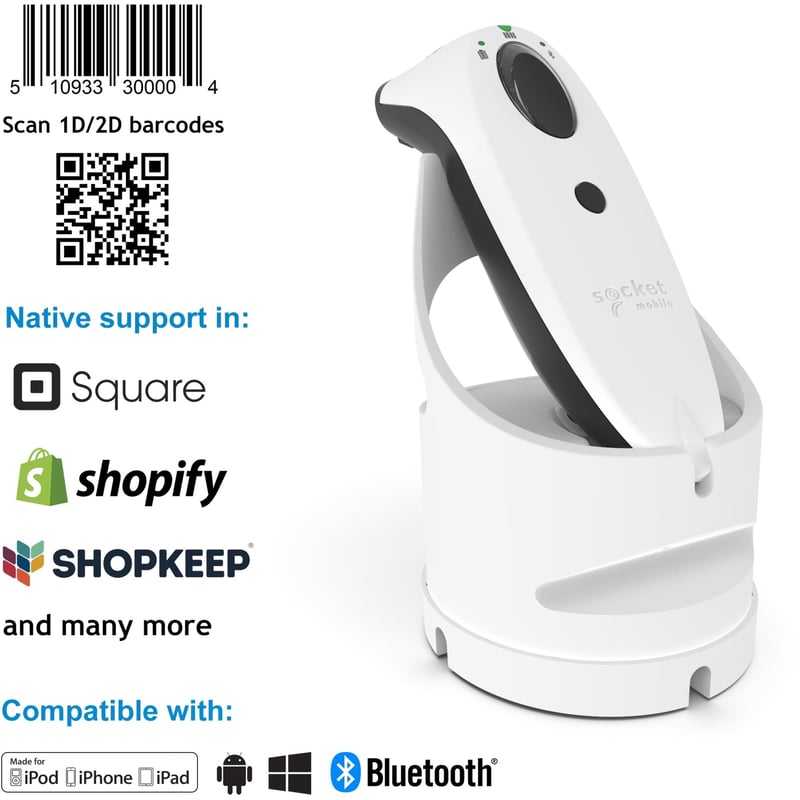 Socket Mobile SocketScan S740, Universal Barcode Scanner, White & White Dock - Thumbnail 1