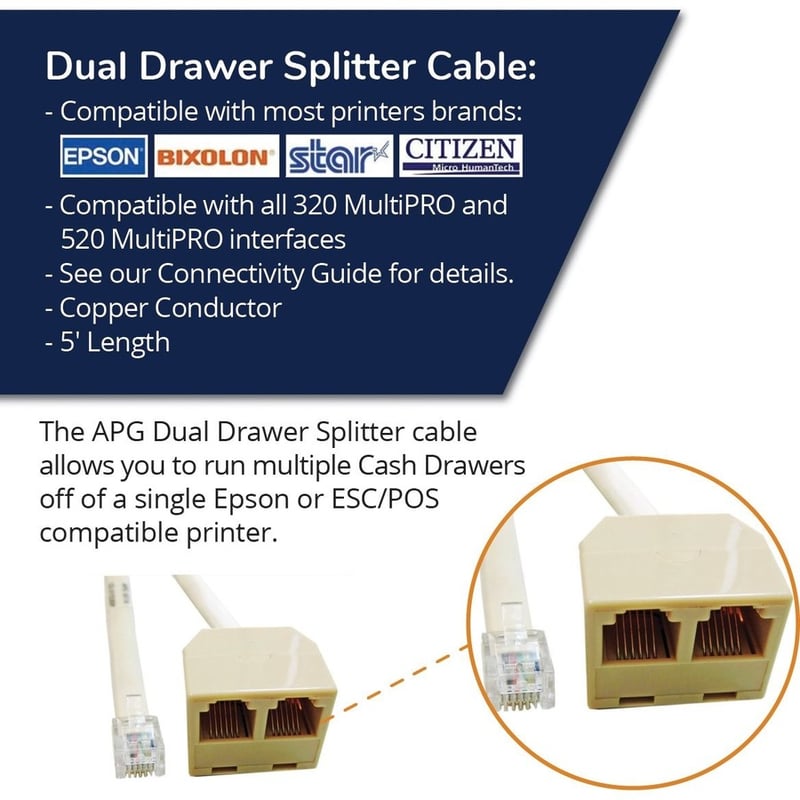 apg Printer Interface Cable | CD-D1D2EP Dual Drawer Splitter Cable | RJ-12 Male Splitter Cable for Epson Printers - Thumbnail 2