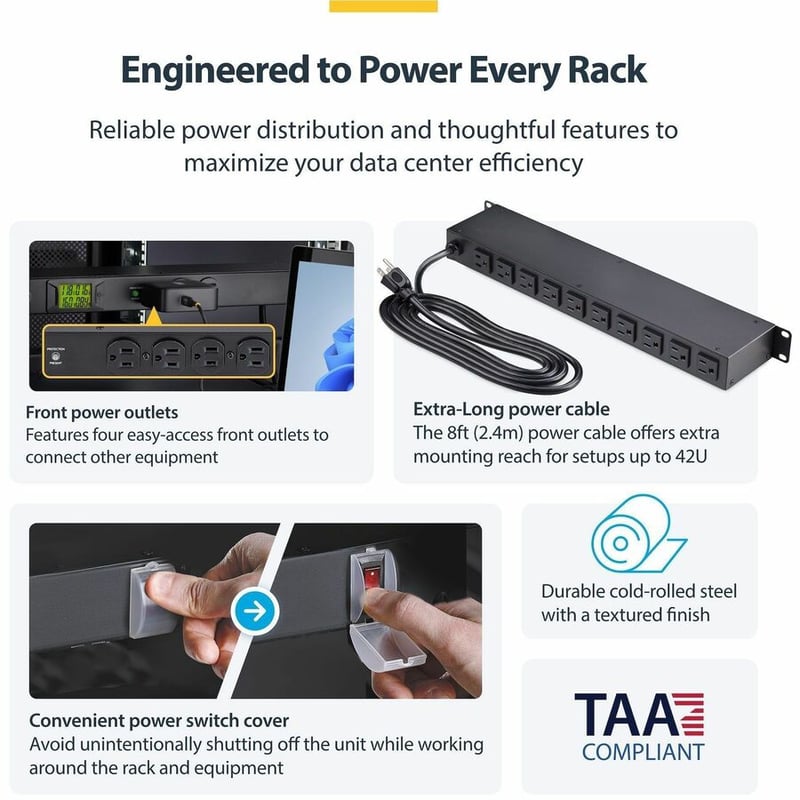 16-OUTLET HORIZONTAL RACK MOUNT PDU - 1U POWER DISTRIBUTION TAA - Thumbnail 4