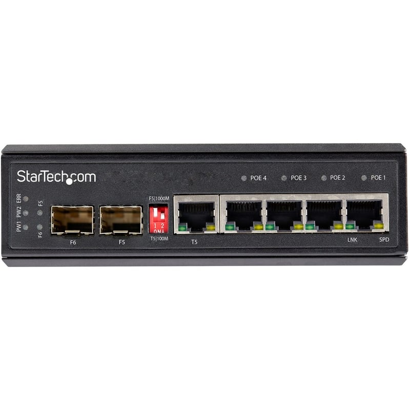 StarTech.com Industrial 6 Port Gigabit Ethernet Switch w/4 PoE RJ45 +2 SFP Slots 30W 802.3at PoE+ 12-48VDC 10/100/1000 Mbps -40C to 75C - Thumbnail 3