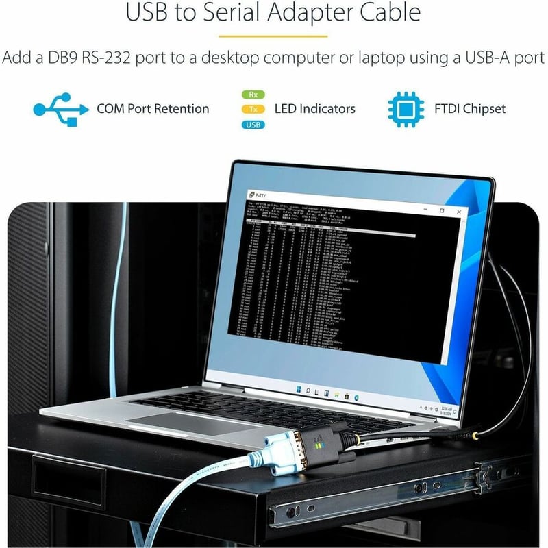 StarTech.com 3ft (1m) USB to Serial Adapter Cable, COM Retention, FTDI IC, DB9 RS232, Interchangeable DB9 Screws/Nuts, Windows/macOS/Linux - Thumbnail 2