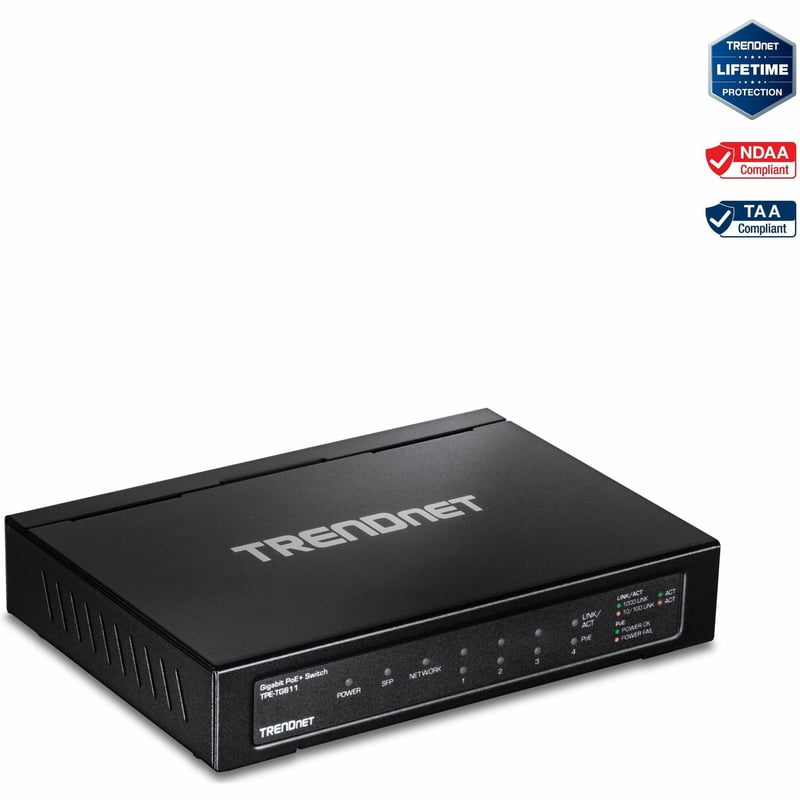 TRENDnet 6-port Gigabit Poe+ Switch; TPE-TG611; 4 X Gigabit Poe+ Ports; 1 X Gigabit Port; 1 X SFP Slot; Supports 100/1000Base-FX Fiber SFP Modules; Ethernet Desktop Network Switch; Lifetime Protection - Thumbnail 1