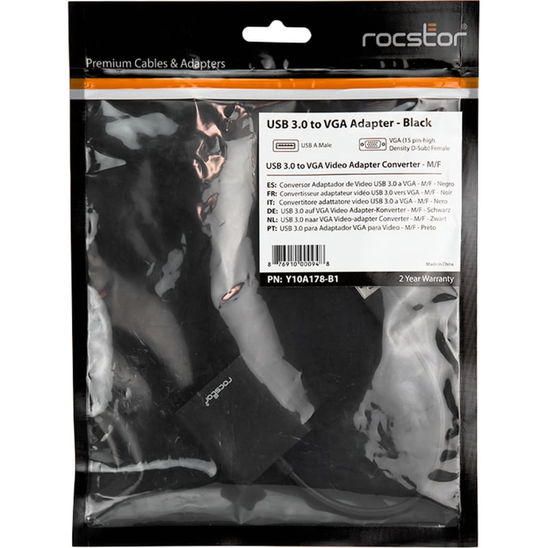Rocstor Premium USB to VGA Adapter - USB 3.0 to VGA External USB Video Graphics Adapter for PC - Resolutions up to 1920x1200 1080p- 1x USB 3.0 Type A Male, 1 x VGA Female - 6" - Black - Compatible with PC USB GRAPHICS CARD - Thumbnail 2