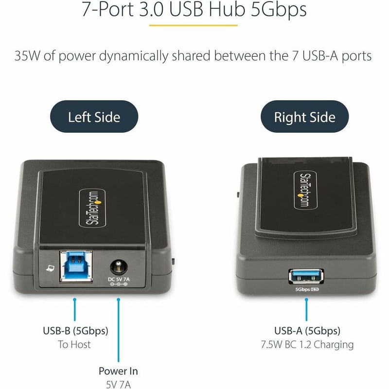 StarTech.com 7-Port USB Hub, USB 3.0 5Gbps, USB-A to 7x USB-A, Self Powered USB-A Expansion Hub w/ 35W Power Supply - Thumbnail 3