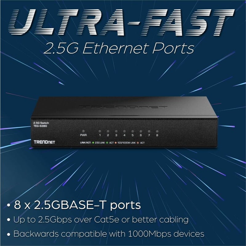 TRENDnet 8-Port Unmanaged 2.5G Switch, 8 x 2.5GBASE-T Ports, 40Gbps Switching Capacity, Backwards Compatible with 1000Mbps Devices, Fanless, Wall Mountable, Black, TEG-S380 - Thumbnail 3