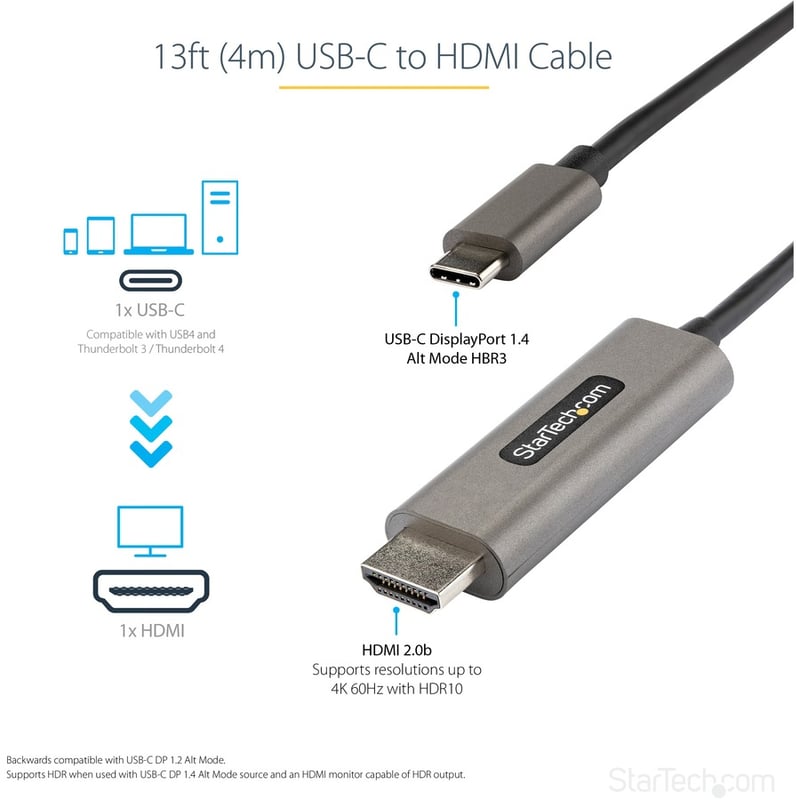 StarTech.com 13ft (4m) USB C to HDMI Cable 4K 60Hz with HDR10, Ultra HD USB Type-C to HDMI 2.0b Video Adapter Cable, DP 1.4 Alt Mode HBR3 - Thumbnail 2