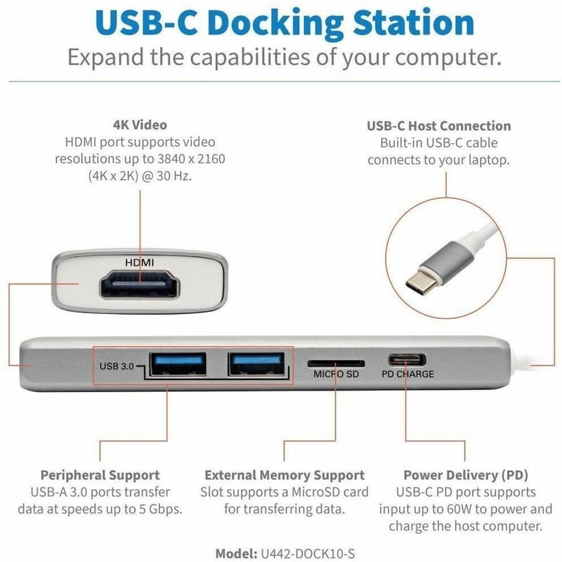 Tripp Lite by Eaton USB C Docking Station 4k @ 30Hz w/USB Hub HDMI Micro SD Charging, USB Type C, USB-C, USB Type-C - Thumbnail 2