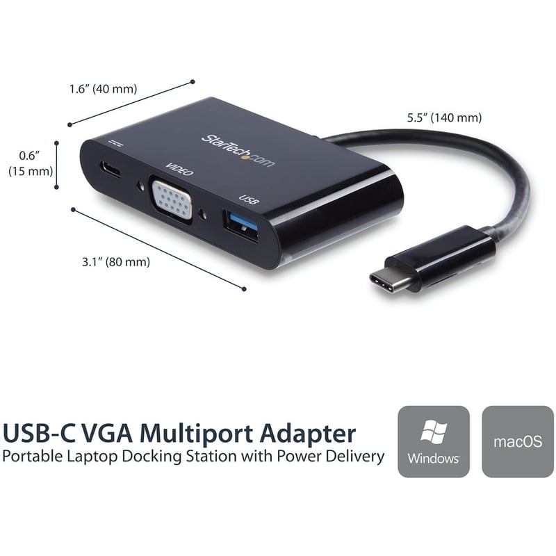 StarTech.com USB-C VGA Multiport Adapter - USB-A Port - with Power Delivery (USB PD) - USB C Adapter Converter - USB C Dongle - Thumbnail 2