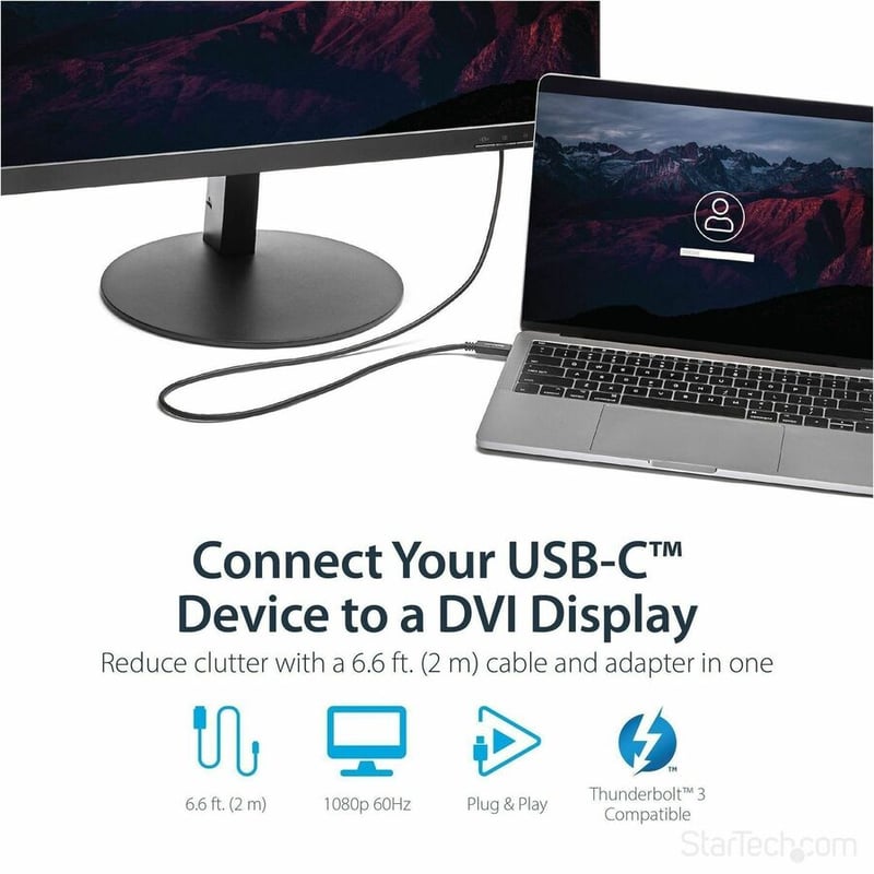 StarTech.com 6.6 ft / 2 m USB-C to DVI Cable - USB Type-C Video Adapter Cable - 1920 x 1200 - Black - Thumbnail 2