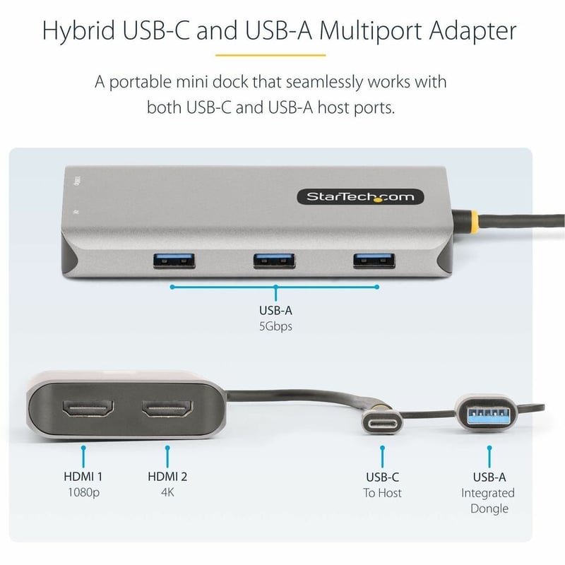 StarTech.com USB-C Multiport Adapter w/Attached USB-C to USB-A Dongle, Dual HDMI 4K/1080, 3x USB, Mini Laptop Docking Station, Travel Dock - Thumbnail 4