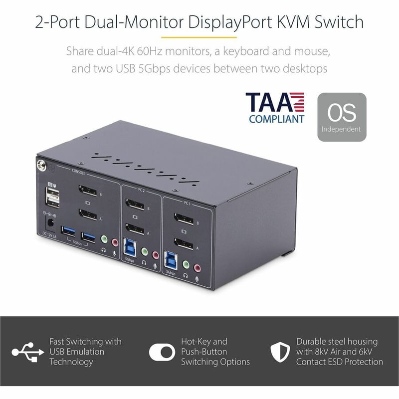 StarTech.com 2-Port Dual-Monitor DisplayPort KVM Switch, 4K 60Hz, 2x USB 5Gbps Ports, Hotkey/Push-Button Switching, TAA Compliant - Thumbnail 2
