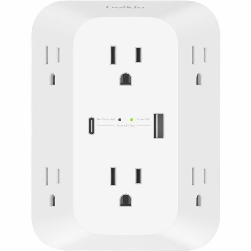 Belkin 6-Outlet Surge Protector Power Strip, Wall-Mountable with 6 AC Outlets, Overvoltage Protection, LED Indicator - USB-C Port & USB-A Port w/USB-C PD Fast Charging - 1680 Joules of Protection - Thumbnail 1