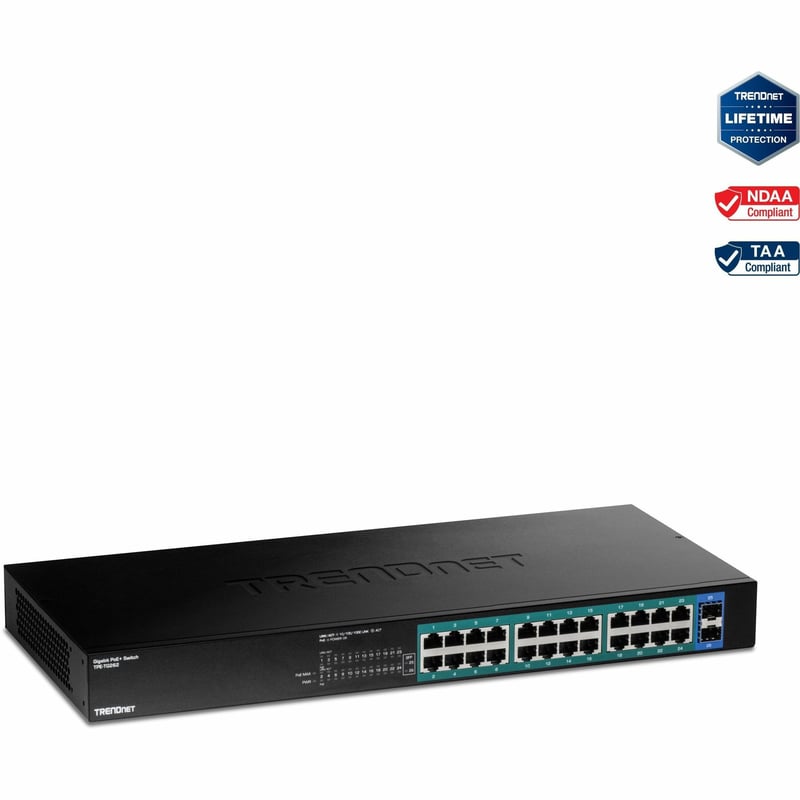 TRENDnet 26-Port Gigabit PoE+ Switch, 24 x 30W PoE+ Ports, 2 Gigabit SFP Slots, 380W PoE Budget, 52Gbps Switching Capacity, 1U 19" Rack Mountable, Lifetime Protection, Black, TPE-TG262 - Thumbnail 1